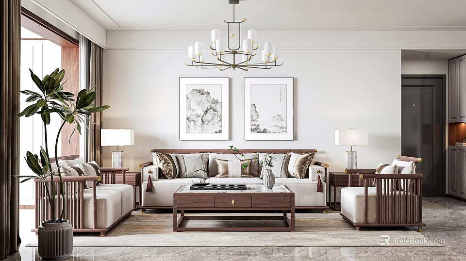 Elegant Living Room Interior With Beige Sofa Wooden Coffee Table Chandelier Paintings And Potted Plant 3d model 