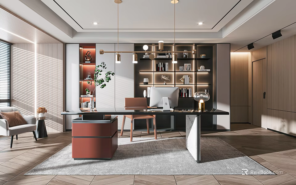 Modern Study Room Interior Design With Open Bookshelves Computer Desk And Hanging Lights 3d model