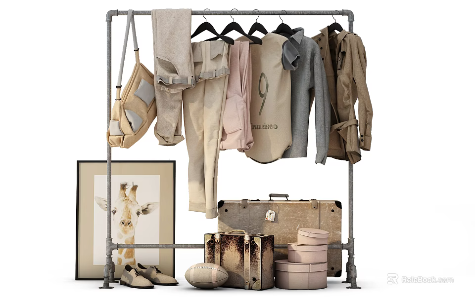 Industrial Clothes Rack with Hanging Clothes Vintage Suitcase Shoes and Decorative Items 3d model 