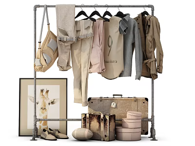 Industrial Clothes Rack with Hanging Clothes Vintage Suitcase Shoes and Decorative Items 3d model