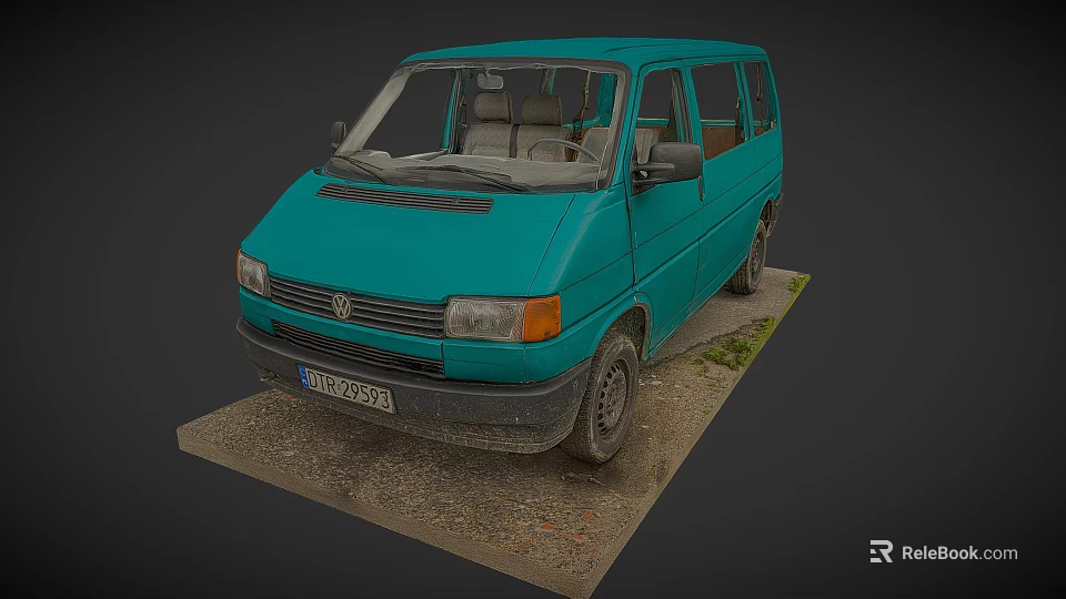 Turquoise Vintage Volkswagen Van Parked On Gravel Ground With Grass Around 3d model 