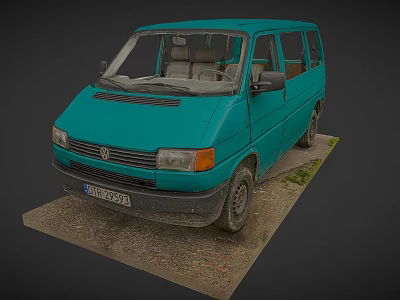 Turquoise Vintage Volkswagen Van Parked On Gravel Ground With Grass Around 3d model