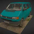 Turquoise Vintage Volkswagen Van Parked On Gravel Ground With Grass Around