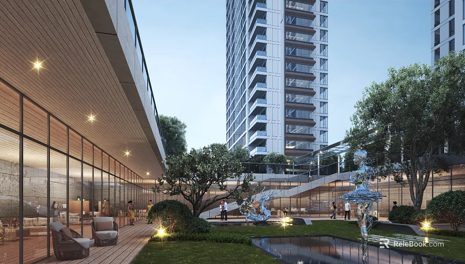 Modern High Rise Residential Building With Glass Facade Landscaped Garden And Water Feature 3d model 