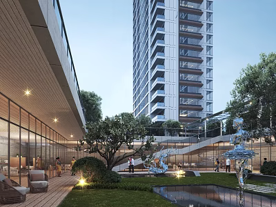 Modern High Rise Residential Building With Glass Facade Landscaped Garden And Water Feature 3d model