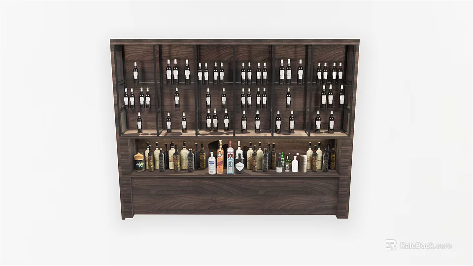 Dark Wood Wine Cabinet With Multiple Shelves Holding Various Wine Bottles 3d model 