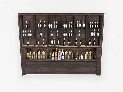 Dark Wood Wine Cabinet With Multiple Shelves Holding Various Wine Bottles 3d model
