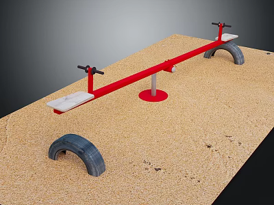 Outdoor Red Seesaw With White Seats Black Handles In Sand Playground With Tires And Footprints 3d model
