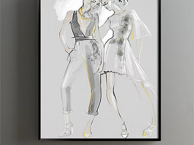 Fashion Illustration Of Two Women In Stylish Outfits With Gold Accents 3d model