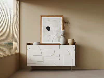 White Sideboard With Geometric Design Decorative Painting Vase Dried Flowers On Beige Wall Window Blinds 3d model