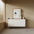 White Sideboard With Geometric Design Decorative Painting Vase Dried Flowers On Beige Wall Window Blinds