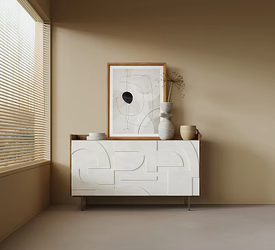 White Sideboard With Geometric Design Decorative Painting Vase Dried Flowers On Beige Wall Window Blinds 3d model