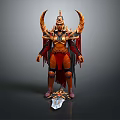 Man In Horned Armor With Red Gold Attire And Spiked Cloak Standing On Base