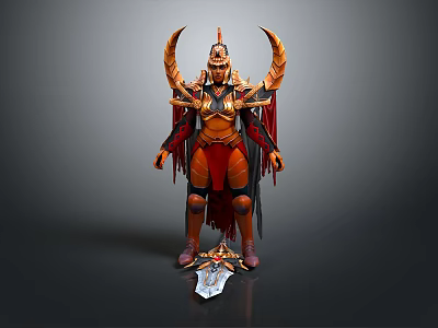 Man In Horned Armor With Red Gold Attire And Spiked Cloak Standing On Base 3d model