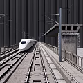 High Speed Train Running On Rail Tracks With Platform And Electric Poles 3d model