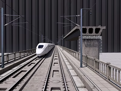 High Speed Train Running On Rail Tracks With Platform And Electric Poles 3d model
