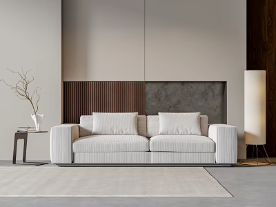 White Double Sofa with Soft Cushions Floor Lamp and Wooden Panel in Modern Interior 3d model