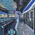 Modern Cyber Cafe Interior With Futuristic Design Blue Lighting Reception Desk Sofa And Computers