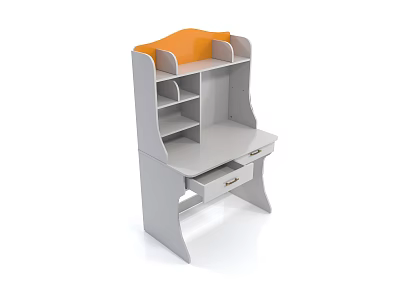 Gray Functional Desk With Orange Top Open Shelves And Drawer Storage 3d model