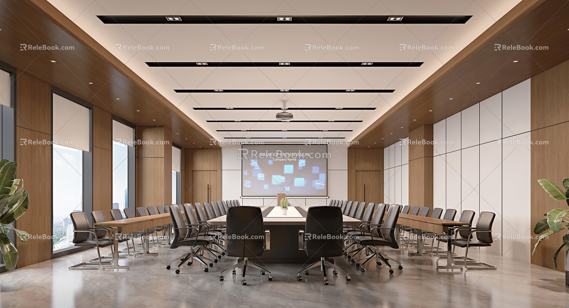 Conference Room Conference Table Projector Green Plant Lamps 3d model