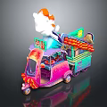 Colorful Mobile Food Cart With Steam Top Vibrant Decorations And Street Snacks