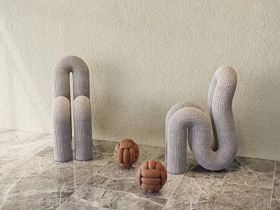 Gray Knitted Lazy Sofa Curved Design With Brown Woven Balls On Beige Wall Marble Floor 3d model