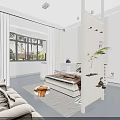 Modern Bedroom Interior Design With Beige Sofa White Partition Rug Window Laptop And Plant