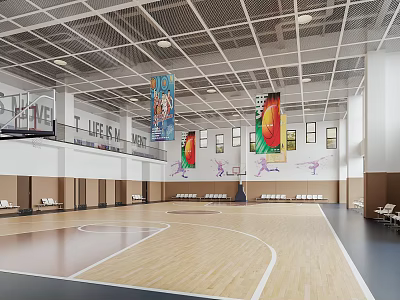 Spacious Bright Basketball Court With Wooden Floor White Lines Grid Ceiling Design And Hanging Banners 3d model
