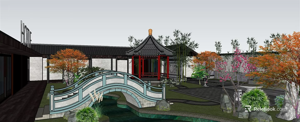 Traditional Chinese Courtyard Garden Featuring Red Pavilion Black Roof Bridge Pond And Bamboo Plants 3d model 