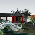 Traditional Chinese Courtyard Garden Featuring Red Pavilion Black Roof Bridge Pond And Bamboo Plants