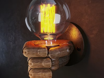 Vintage Industrial Wooden Fist Design Wall Lamp With Transparent Bulb And Yellow Filament 3d model