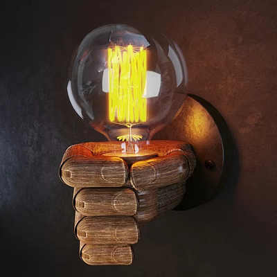Vintage Industrial Wooden Fist Design Wall Lamp With Transparent Bulb And Yellow Filament 3d model
