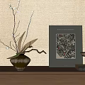 Decorative Ornament Combination With Vase White Flowers Black Frame Pinecone Tray On Natural Wooden Cabinet