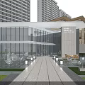 Modern Sales Office Building With Glass Curtain Wall Entrance Landscape Pathway And White Crane Sculptures