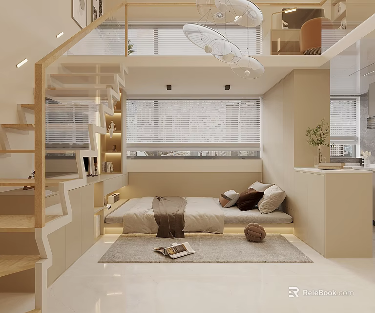 Modern Loft Apartment Interior With Open Space Bed Area Wooden Stairs And Blinds 3d model 