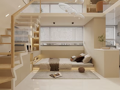 Modern Loft Apartment Interior With Open Space Bed Area Wooden Stairs And Blinds 3d model