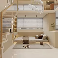 Modern Loft Apartment Interior With Open Space Bed Area Wooden Stairs And Blinds