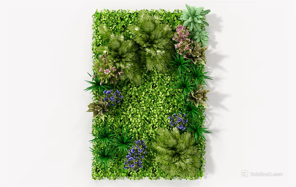 Lush Decorative Vertical Green Plant Wall With Various Foliage And Purple Flowers 3d model 