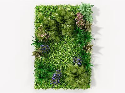 Lush Decorative Vertical Green Plant Wall With Various Foliage And Purple Flowers 3d model
