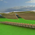 Outdoor Event Setup With Cars Display Board Curved Seats Tents And Arch