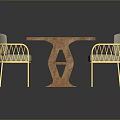 Wooden Long Dining Table With Yellow Frame Woven Seat Chairs Modern Design 3d model