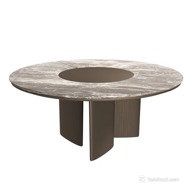 Round Marble Dining Table with Circular Recess and Dark Wood Support Legs 3d model 