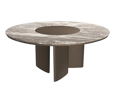 Round Marble Dining Table with Circular Recess and Dark Wood Support Legs 3d model
