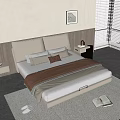 Modern Double Bed With Upholstered Headboard Brown Blanket Pillows Bedside Table Rug And Blinds
