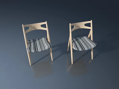 Two Light Wood Frame Chairs With Striped Fabric Seats On Gray Background 3d model