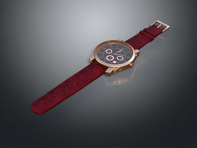 Luxury Watch with Red Leather Strap and Gold Case Round Dial Chronograph Design 3d model
