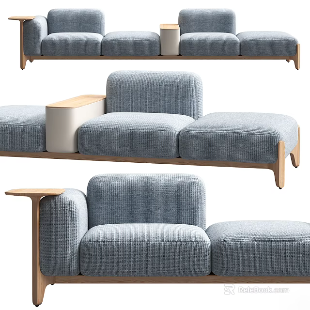 Modern Modular Sectional Sofa With Light Blue Fabric Upholstery Wooden Frame And Side Table 3d model
