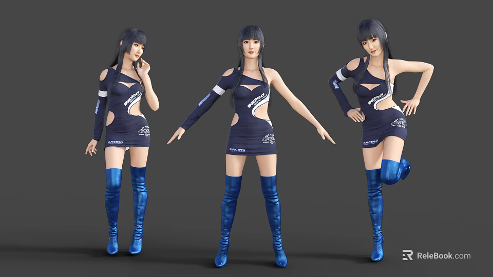 Women In Blue Short Dresses With White Accents Blue Thigh High Boots And Different Poses 3d model 