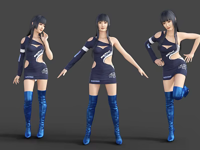 Women In Blue Short Dresses With White Accents Blue Thigh High Boots And Different Poses 3d model