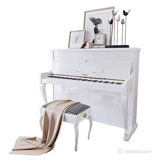 Stylish White Piano With Artwork Frames Clock Checkered Stool And Decorations 3d model 